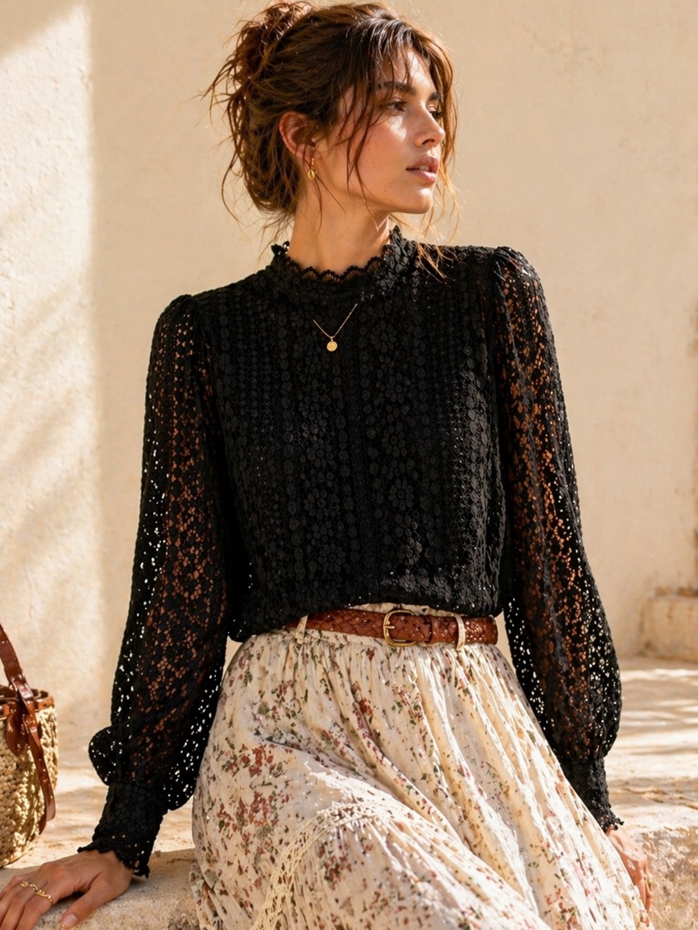 Ever New Melbourne Romantic Lace Blouse Sheer High Neck Statement Size L